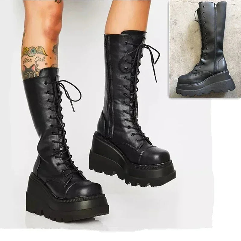 Platform Wedge Mid-Calf Boots - For Women